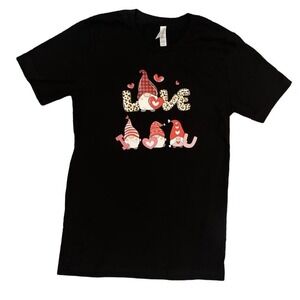 Gnome Love T-Shirt Unisex Small‎ Black with Gnome Hearts Graphic Casual Cute NEW